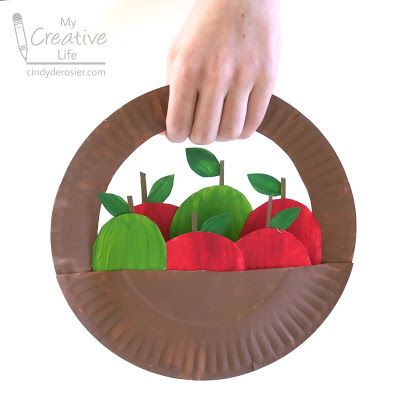 Paper Plate Basket, Apple Crafts Preschool, Paper Plate Art, Vegetable Crafts, Painted Apple, September Crafts, Fruit Crafts, Apple Basket, Apple Craft