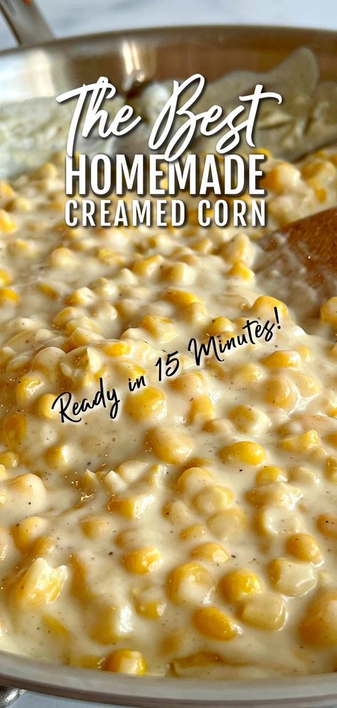 This image show creamed corn cooked in a skillet, ready to serve. Creamed Corn Recipe With Cream Cheese, Creamed Corn Recipe Easy, Homemade Creamed Corn, Homemade Cream Corn, Corn Recipes Side Dishes, Cream Cheese Corn, Corn Side Dish, Creamed Corn Recipes, Cream Corn