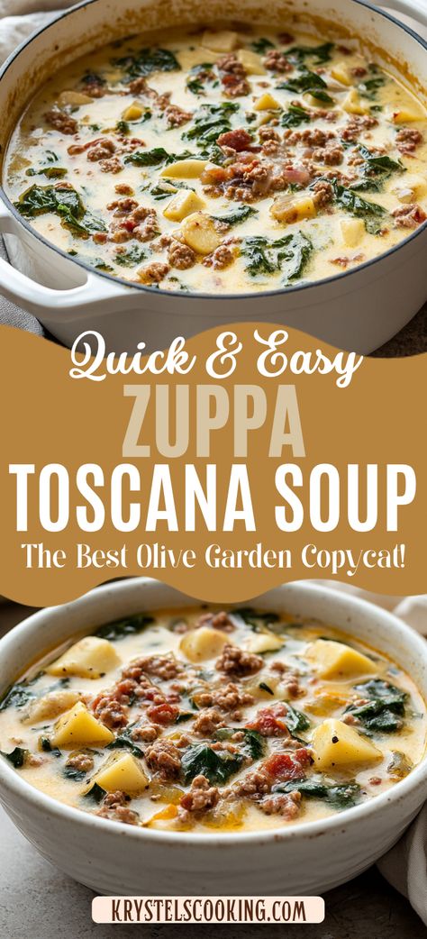 Easy Stovetop Zuppa Toscana Soup: Try this simple and easy recipe for Zuppa Toscana. With hearty sausage and fresh kale, it’s a perfect Olive Garden copycat soup for any night! Easy Zuppa Toscana Soup, Kale Dinner, Olive Garden Recipe, Dinner Winter, Bacon Kale, Stews Recipes, Zuppa Toscana Soup, Toscana Soup, Food Soup