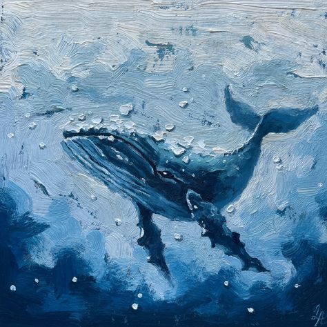 Ocean Prints For Walls, Small Oil Painting Ideas, Ocean Animals Aesthetic, Whale Painting Acrylic, Blue Aesthetic Painting, Whale Oil Painting, Deep Sea Painting, Blue Whale Painting, Humpback Whale Painting