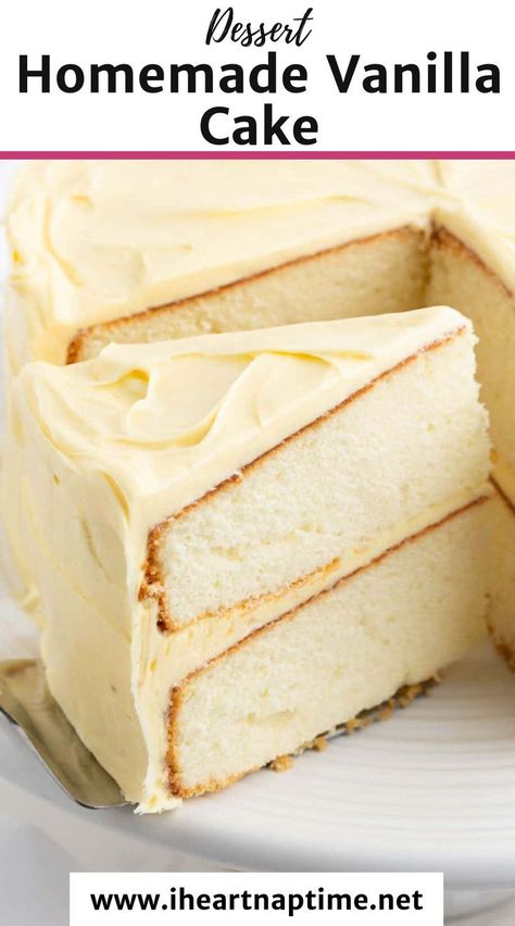 This homemade vanilla cake is an impressive yet simple one-bowl recipe that makes even a beginner baker feel like a professional! A soft tender cake infused with the heavenly flavor of vanilla that pairs well with any frosting! Iheartnaptime Vanilla Cake, Vanilla Cake With Chocolate Icing, Old Fashioned Vanilla Cake, Butter Vanilla Cake Recipe, Home Made Vanilla Cake Recipes, Cake Recipes With Cake Flour, Cake Flour Cake Recipe, Dense Vanilla Cake Recipe, Vanilla Cake Recipe Without Butter