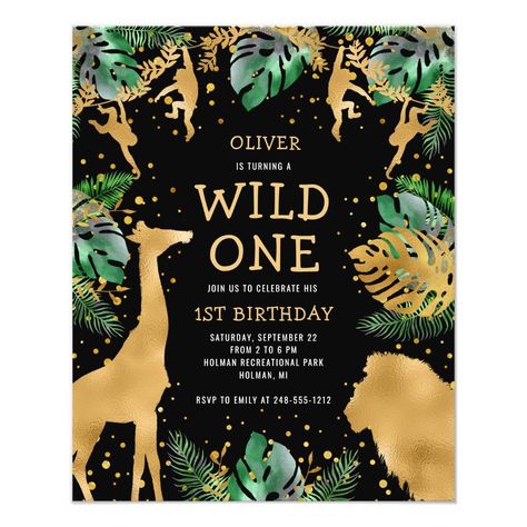 Wild One 1st Birthday, Jungle Safari Baby Shower, Animals Giraffe, Jungle Foliage, Safari Baby Shower Invitations, Green Jungle, Invitation Flyer, 2nd Birthday Invitations, Jungle Baby