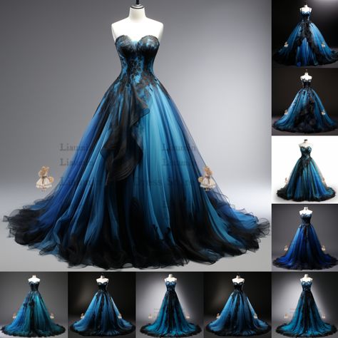 Black And Dark Blue Wedding Dresses, Dark Blue Bride Dress, Black And Blue Wedding Dress, Blue And Black Wedding Theme, Black And Blue Wedding Theme, Teal And Black Wedding, Black And Blue Wedding, Dark Wedding Dress, Black White Wedding Dress