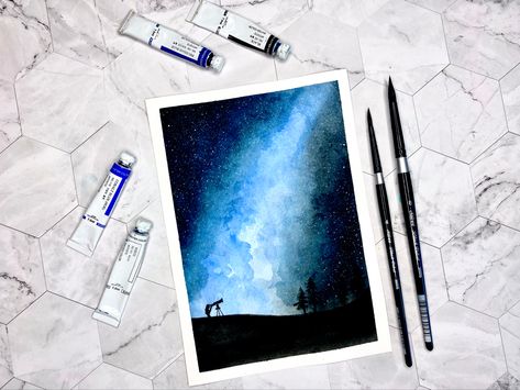 Starry Night Watercolor, Galaxy Bookmark, Watercolor Step By Step, Night Watercolor, Watercolor Night Sky, Step By Step Watercolor, Watercolor Bookmarks, Watercolor Art Lessons, What Next