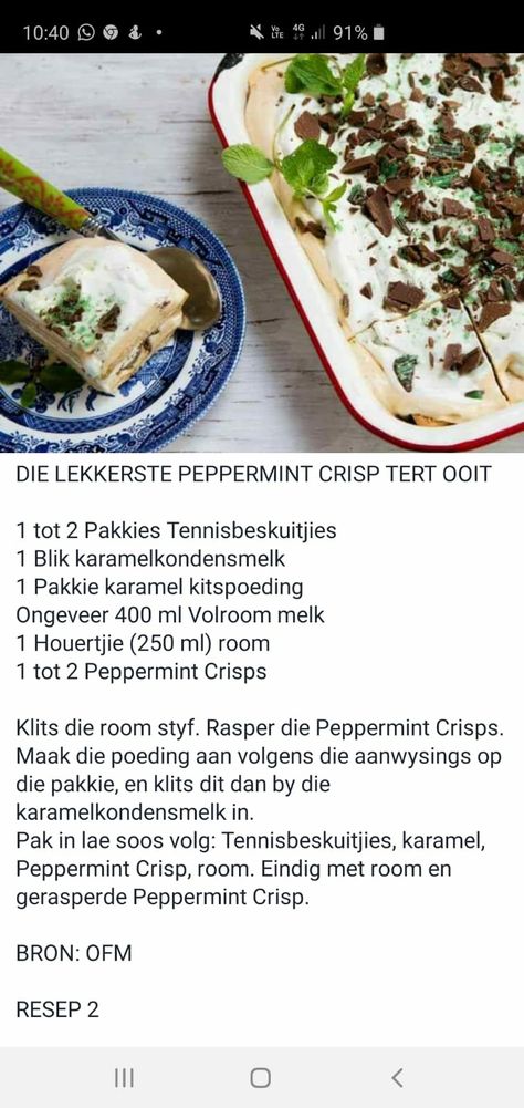 Grinadella Yskastert, Pepermint Tert Resep, Yskas Tert Resepte, Nagereg Resepte, Peppermint Tart, Tert Resepte, Biscuit Recipes Uk, Easy Tart Recipes, Peppermint Crisp