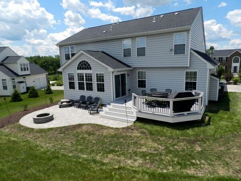 Tiered Concrete Patio, Deck And Patio Combo Backyards, Patio Off Of Deck Ideas, Deck And Patio Combo, Small Back Deck, Deck Redo, Patio Addition, Deck Landscaping, Backyard Patio Deck