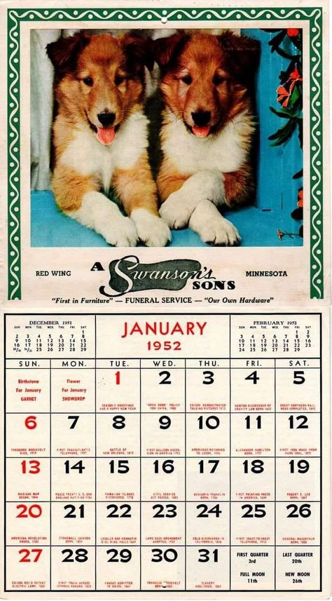 Collie calendar 1952 Vintage Calendar Aesthetic, Gab Bois, Calendar Design Inspiration, Lobster Party, Old Calendar, Calendar Designs, 달력 디자인, Chinese Illustration, Dog Calendar