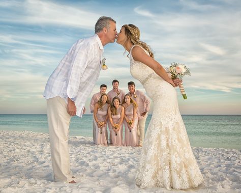 Second Marriage Photos Wedding Pics, Blended Family Beach Pictures, 25 Anniversary Picture Ideas, Beach Renewal Of Vows, Vow Renewal Family Pictures, Family Wedding Beach Photos, 25 Wedding Anniversary Photoshoot, Bridal Party Beach Photos, Beach Wedding Photos Family