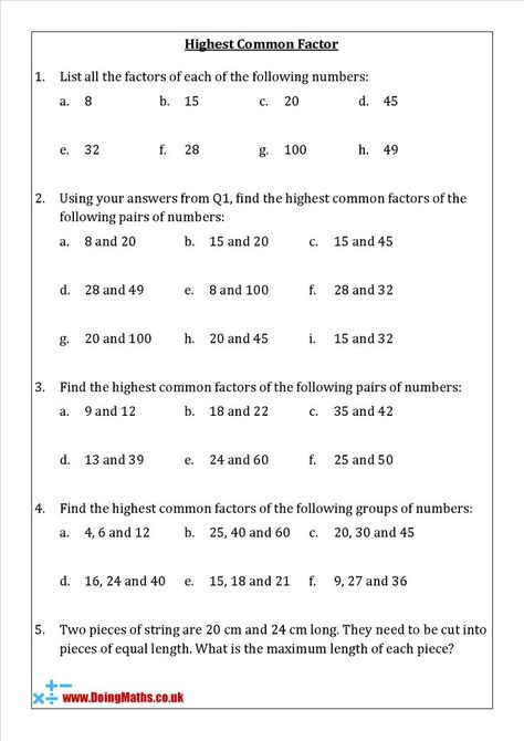 Highest common factors free maths worksheet Highest Common Factor, Factors Worksheet, Finding Factors, Basic Math Worksheets, Maths Worksheet, Factors And Multiples, Common Multiples, Greatest Common Factors, Sixth Grade Math