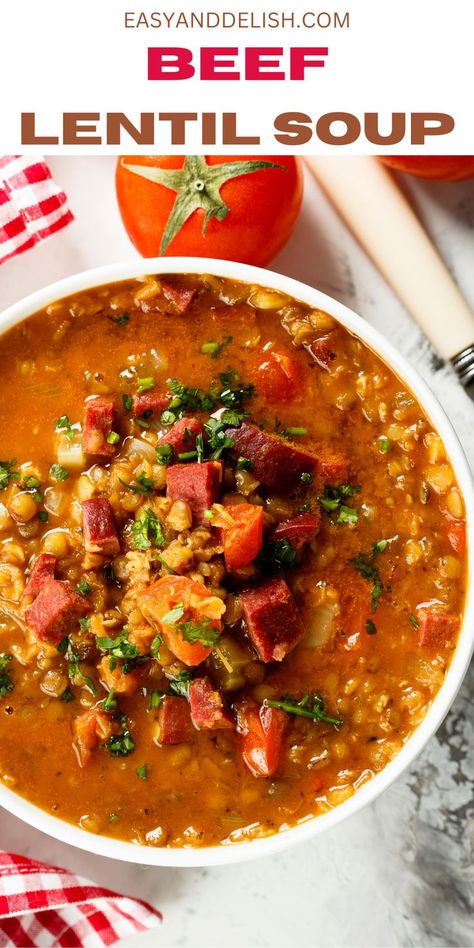 This lentil beef soup is easy to make and high-protein, making one of the best comforting dinenrs for your family. Lentil And Beef Soup, Lentil Beef Soup, Beef Lentil Soup Recipe, High Protein Lentil Recipes, Recipes Using Beef Broth, Beef And Lentil Soup, High Protein Soup Recipes, Beef Lentil Soup, Beef And Lentil