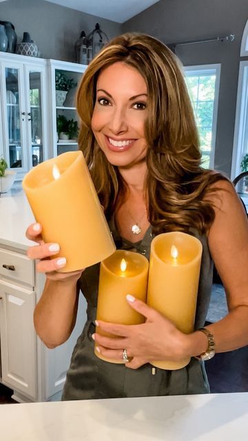 Trio Candle Centerpiece, Flameless Candles Decorating Ideas Living Room, Faux Candles Decor, Candle Arrangements Living Room, Janine Graff, Decorate With Candles, Gift Wrapping Candles, Fall Candle Centerpieces, Luminara Flameless Candles