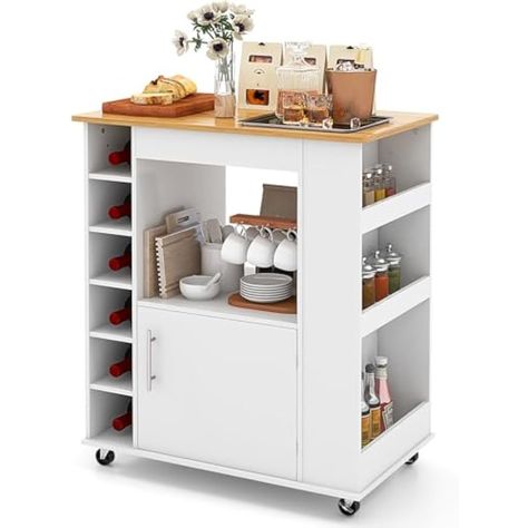 LOKO Mobile Kitchen Island with Storage, Rolling Microwave Cart with Bamboo Top, 6-Bottle Wine Rack, Dining Room Coffee Bar, White Kitchen Cart, Kitchen Island With Storage, Drawer Spice Rack, Island With Storage, Kitchen Carts On Wheels, Mobile Kitchen Island, Cart On Wheels, Clean Workspace