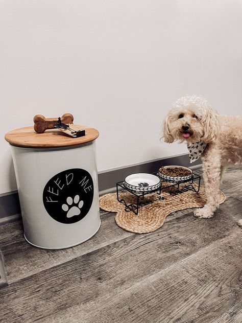 Dog Food Set Up Ideas, Dog Basket Gift, Dog Toy Basket Living Rooms, Cute Dog Food Storage Ideas, Aesthetic Dog Food Storage, Dog Food Set Up, Dogs Food Bowls, Dog Toys Organization, Aesthetic Dog Toy Basket