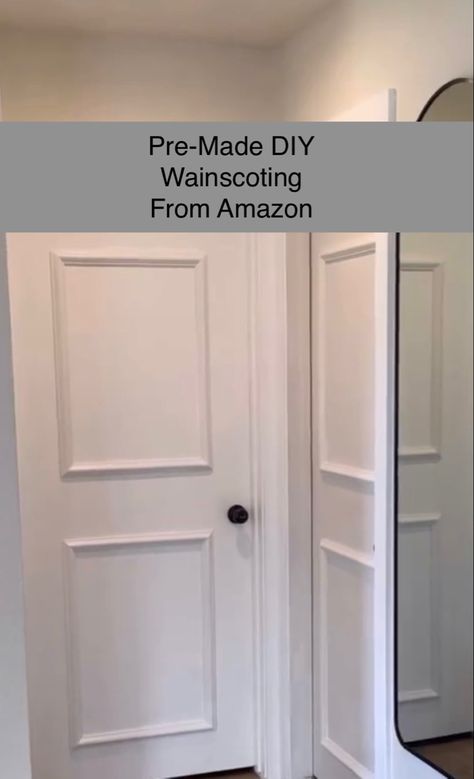 Amazon sells premade wainscoting to help DIY and elevate doors and trim. Wainscoting On Doors, Door Wainscoting Ideas, Upgrading Doors Diy, Diy Wanescoat, Faux Wainscoting Diy, Door Wainscotting, Easy Wainscoting Diy, Wainscoting Door, Diy Door Molding