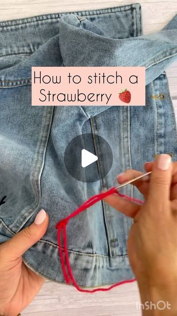 Hand Embroidered Strawberry, How To Embroider A Strawberry, Hand Embroidery Strawberry, Simple Strawberry Embroidery, Embroidery Jumper Diy, How To Embroider Strawberries, Strawberry Embroidery Tutorial, Embroidery On Kids Clothes, Embroidery Bee Simple