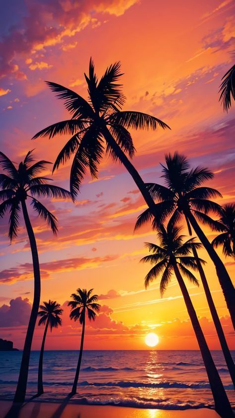 Tropical Asthetic Photos, Vacation Images Summer, Orange Sunrise Aesthetic, Sunsets And Sunrises On The Beach, Sunset Beach Photos Aesthetic, Pretty Beach Sunset, Beach Campfire, Sunset At Beach, Hawaii Palm Trees