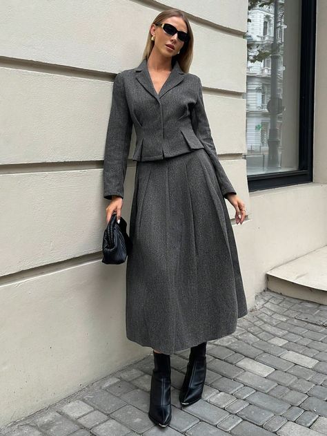 Autumn Women's Gray Woolen Suit, Retro Luxury Old Money Style Thickened Woolen Warm Suit Jacket, Slim Waist Slimming Jacket For Women, A-Hem Pleated Skirt, Autumn And Winter Long Woolen Pleated Skirt, Gray Style Outfit, Workplace Commuting Clothing, Teacher Clothing, Two-Piece Suit For Women Dark Grey Elegant    Plain  Non-Stretch  Women Clothing, size features are:Bust: ,Length: ,Sleeve Length: Suit And Skirt For Women, Skirt Retro Outfit, Suit Skirt Outfit, Winter Long Skirt Outfit, Long Vest Outfits For Women, Skirt Suit Outfit, Suit Jacket And Skirt, Woolen Suit, Teacher Clothing