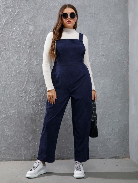 Navy Blue Preppy  Sleeveless Corduroy Plain Overall  Non-Stretch Spring/Fall Plus Size Jumpsuits & Bodysuits Navy Blue Overalls Outfit, Blue Overalls Outfit, Navy Blue Overalls, Pinafore Jumpsuit, Navy Blue Outfit, Corduroy Pinafore, Blue Preppy, Blue Overalls, Overalls Outfit