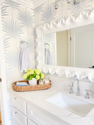 White Coral Mirror Bathroom, Serena And Lily Design, Coastal Pool Bathroom, Full Wallpaper Bathroom, Atoll Mirror Bathroom, Serena And Lily Interiors, Ballard Designs Bathroom, Serena And Lily Beach House, Serena Lily Bathroom