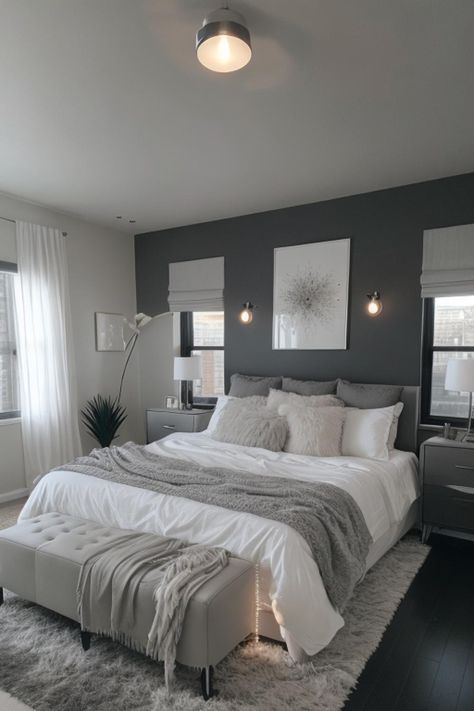 Black Bed Minimalist Bedroom, Grey Room With Accent Color, Home Grey Decor, Grey And White Furniture Bedroom, Grey Room With White Furniture, White Room With Grey Accent Wall, White Grey Home Interior, Monochromatic Grey Bedroom, Bedroom Idea Simple