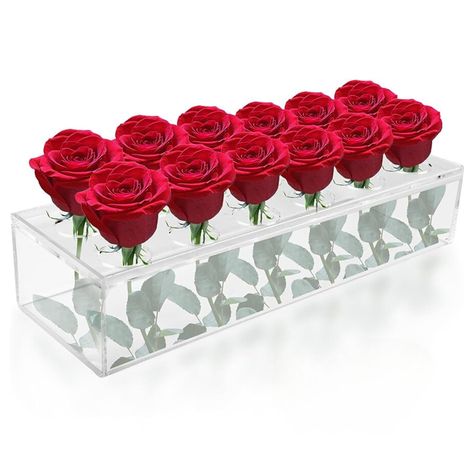 PRICES MAY VARY. Includes Eternal Faux Flowers (Rich Red Roses): This beautiful and non-recycled 100% Acrylic Lucite vase and flower bundle, unlike many others, comes with reusable luxurious faux flowers. Perfect for quick set-up and clean up. These flowers can be reused for every event. Easy and compatible storage, untill the next time you need it. Acrylic Vases For Centerpieces: The rectangular flower vase is made of 100% acrylic, lightweight and durable. It's glossy finish and smooth edges ma Acrylic Flower Vase, Rose Centerpieces Wedding, Romantic Table Decor, Tray Centerpiece, Red Centerpieces, Home Dining Table, Centerpiece Home, White Flower Arrangements, Acrylic Vase