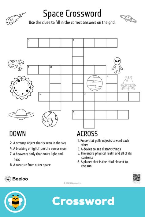 Advanced space-themed crossword puzzle for kids ages 8 and up Space Day Activities For Kids, Space Worksheets For Kids, Space Word Search, Space Games For Kids, Outer Space Activities, Space Printables, Space Puzzle, Wall Magazine, Easy Word Search