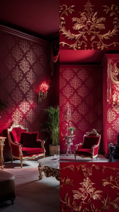 Home Decor Inspiration Interior Design, Wallpaper Interiors, Red Ceiling, Damask Patterns, Inspiration Interior Design, Black Living, Bold Color Schemes, Luxurious Interior, Wallpaper Interior