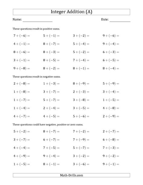 The Positive Plus a Negative Integer Addition (Scaffolded) Range 1 to 9 (A) Math Integers Worksheet, Subtraction Of Integers, Addition Of Integers, Subtracting Negative Numbers, Adding Integers Worksheet, Math College, Negative Numbers Worksheet, Adding Subtracting Integers, Subtracting Integers Worksheet