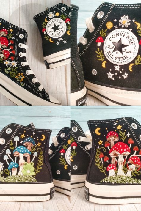 Converse embroidered Mushroom and Frog Mushroom gift for her Converse Mushroom, Mushroom Shoes, Embroidered Frog, Converse Embroidery, Girlfriend Clothes, Frog Mushroom, Embroidered Converse, High Top Chucks, Converse Custom