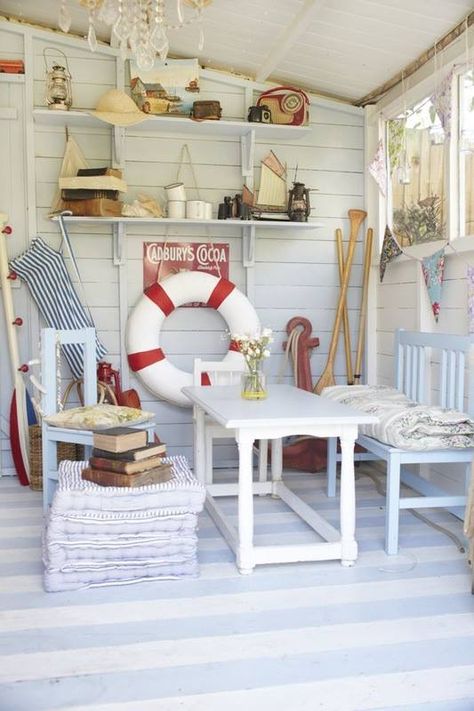 9 cute and inspirational beach huts! @Sue Goldberg Riopelle -- Ludington Garage conversion? Pretty Sheds, Beach Hut Interior, Strand Decor, Coast Decor, Beach Hut Decor, Summer House Interiors, Deco Marine, Cottage Coastal, Sea Style