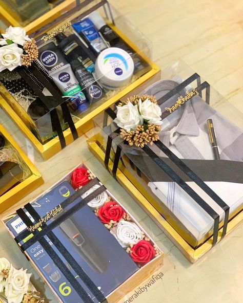 Gifts for him 🌟 . . . . . . #weddingtrousseaupacking #trousseaupackaging #trousseaupacking Hampers Wedding, Trousseau Packing, Afghani Clothes, Wedding Gift Pack, Creative Wedding Gifts, Customised Gifts, Islamic Quotes Wallpaper, Wedding Checklist, Wedding Idea