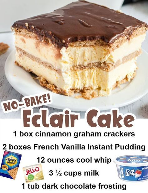 NO-BAKE ECLAIR CAKE - Susan Recipes Eclair Pie No Bake, Easy Chocolate Eclair Cake, Eclair Cake No Bake, Eclair Cake Recipe, No Bake Eclair Cake, Eclairs Dessert, Eclair Cake Recipes, Dark Chocolate Frosting, Chocolate Eclair Cake