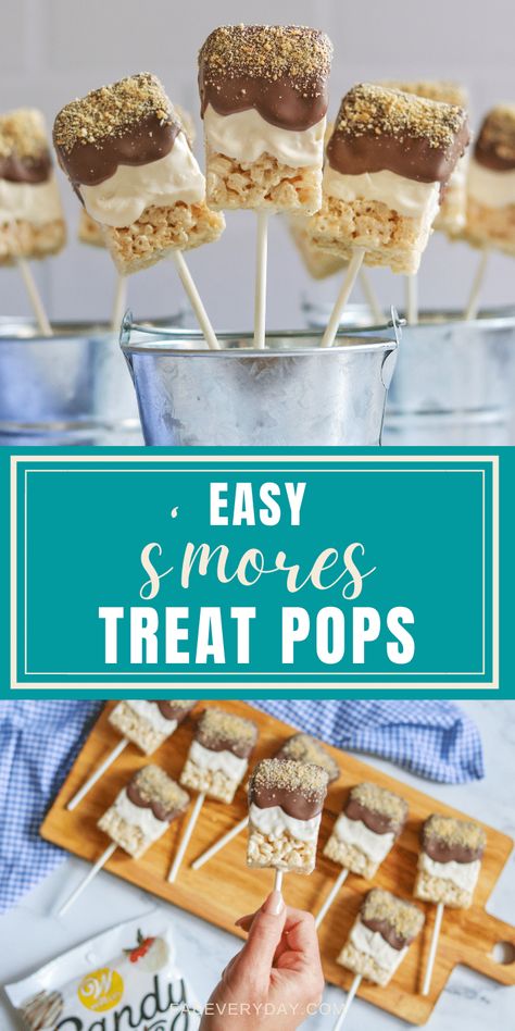 Easy S’mores Treats Pops - Fab Everyday Treats On A Stick Ideas, Camping Party Theme Food, Camping Party Appetizers, Campfire Themed Desserts, Camp Themed Treats, Campfire Cupcakes Camping Birthday, S’mores 1st Birthday, S’mores To Go, Camping Party Treats