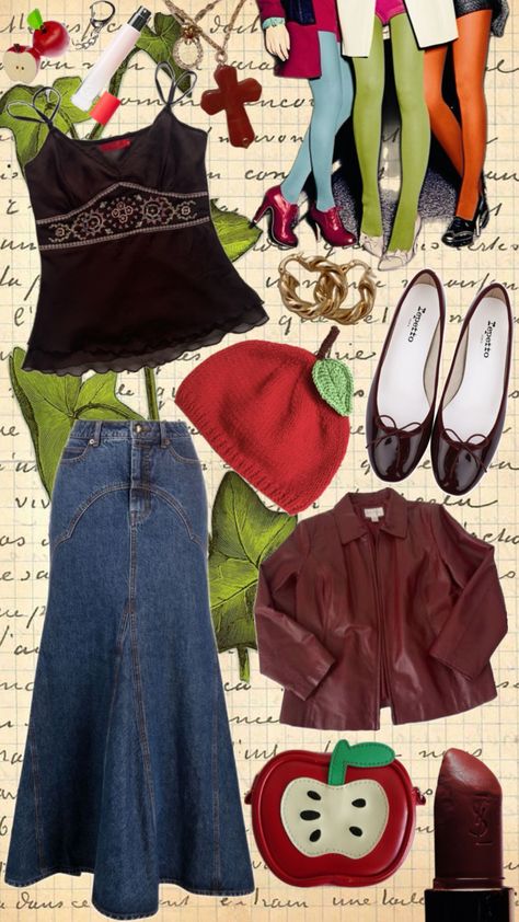 #outfitinspo #vintage #red #apple #ootd #ootdinspo #downtowngirl #fall #twee Applejack Aesthetic Outfit, Mable Pines Sweaters, Apple Core Outfits, Apple Inspired Outfits, Apple Hill Outfit, Applecore Outfit, Twee Style Aesthetic, Twee Winter Outfit, Whimsical Twee Outfits