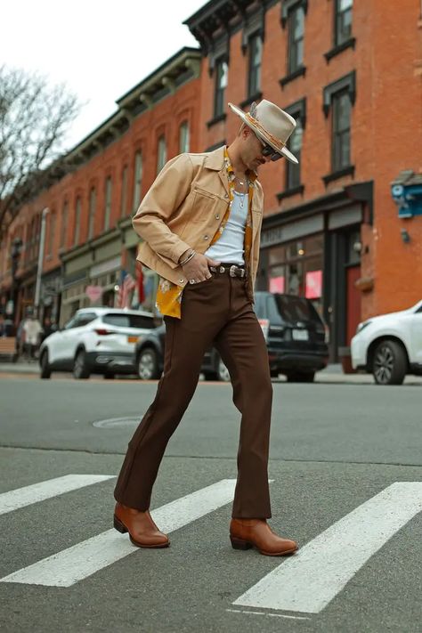 Urban Cowboy Style: Men's Fashion for the Modern Frontier Cowboy Style Outfits, Western Outfit Men, Western Outfits Mens, Cowboy Outfit Men, Mens Cowboy Boots Outfit, Urban Cowboy Style, Cowboy Outfit For Men, Cowboy Suit, 70s Fashion Men