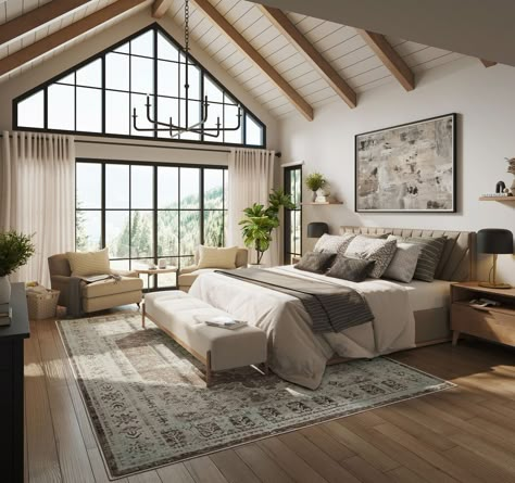 Unveiling our 3D rendered Master bedroom with vaulted high ceiling and the warm embrace of natural wood beams. Nestled into a mountainside,… | Instagram Cathedral Ceiling Bedroom, Natural Wood Beams, High Ceiling Bedroom, Modern Farmhouse Bedroom Decor, Vaulted Ceiling Bedroom, Bedroom Ceilings, 2024 Home Decor, Master Suite Bedroom, Coastal Dining