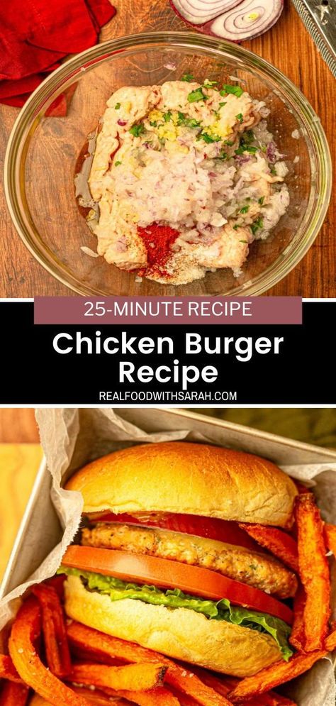 These Chicken Burgers are healthy, made with simple ingredients and are the perfect meal for the whole family. They are done in under 25 minutes! Healthy Chicken Burgers Clean Eating, The Best Chicken Burgers, Canned Chicken Burgers, Ground Chicken Burgers In Oven, Easy Chicken Burgers, Healthy Ground Chicken Burgers, Homemade Ground Chicken Burgers, Homemade Chicken Burgers Patty, Ground Chicken Burgers Air Fryer