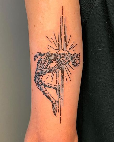 Cross Ideas Tattoos, Woodcut Art Tattoo, Midevil Woodcut Tattoos, The Green Knight Tattoo, Medieval Forearm Tattoo, Medieval Lion Tattoo, 10 Of Swords Tattoo, Medieval Hand Tattoo, Wood Carving Tattoo Style