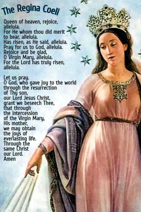 The Regina CoeliQueen of heaven, rejoice, alleluia.For He whom thou did merit to bear, alleluia.Has risen, as He said, alleluia.Pray for us to God, alleluia.Rejoice and be glad, O Virgin Mary, alleluia.For the Lord has truly risen, alleluia. Morning Offering, Hail Holy Queen, Salve Regina, Grace Quotes, Let Us Pray, Mama Mary, Catholic Quotes, Hail Mary, Prayer Warrior