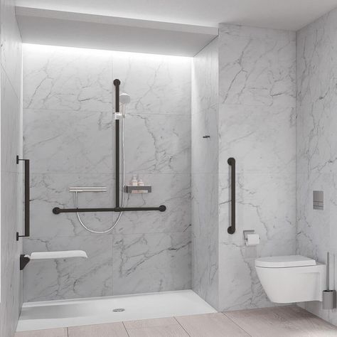 Grab Rails – Fine & Able Special Needs Bathroom Ideas, Modern Disabled Bathroom, Disable Bathroom Design, Stylish Accessible Bathroom, Accessible Wet Room, Disabled House Design, Disabled House Plan, Small Accessible Bathroom Ideas, Assisted Living Bathroom Ideas