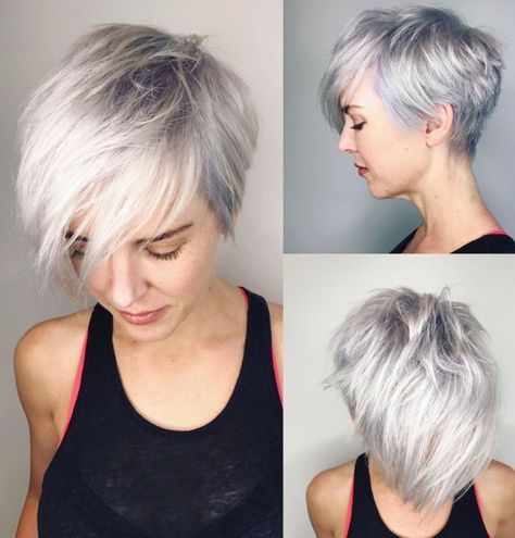 Tapered Choppy Silver Pixie Root Fade, Grey Haircuts, Gray Pixie, Silver Pixie, Longer Pixie Haircut, Long Pixie Hairstyles, New Short Hairstyles, Stylish Short Hair, Short Hair Lengths