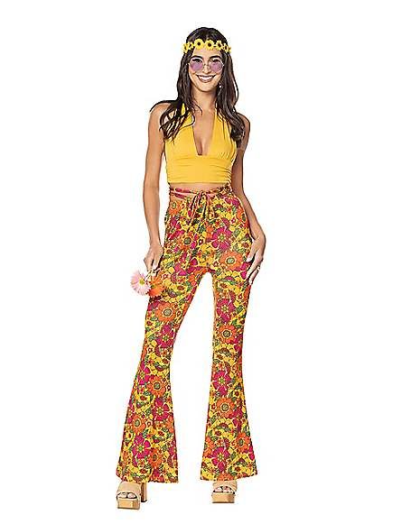 Adult Yellow Flower Bell Bottom Pants - Spirithalloween.com Hippy Outfits Halloween, 70s Themed Outfits, Hippie Style 70s, Cute Hippie Outfits, 70s Party Outfit, Hippy Costume, 70s Fashion Women, Bellbottom Pants, 70s Inspired Outfits