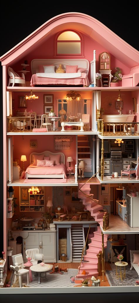 Barbie House Illustration, Barbie Doll House Aesthetic, Barbie Aesthetic House, Barbie Doll Aesthetic, Nostalgia House, Dollhouse Aesthetic, Barbie Aesthetic Wallpaper, Barbiecore Aesthetic, Anime Nature