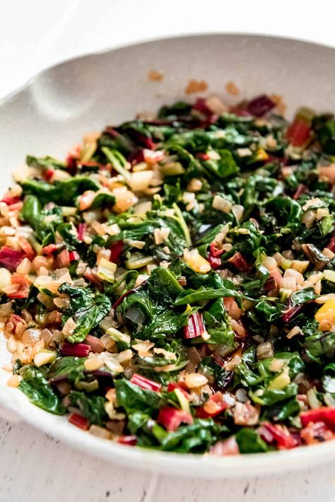 Sauteed Swiss Chard is healthy, easy side dish that comes together in just minutes and goes with almost anything from grilled chicken to fish to pasta. #sidedish #vegetables #swisschard #rainbowchard #easy #sauteed #best #healthy Sauteed Chard Recipes, Sauteed Swiss Chard Recipes, Allotment Recipes, Cooking Swiss Chard, Swiss Chard Recipes Easy, Sauteed Swiss Chard, Recipes Side Dishes, Southern Cooking Recipes, Swiss Chard Recipes