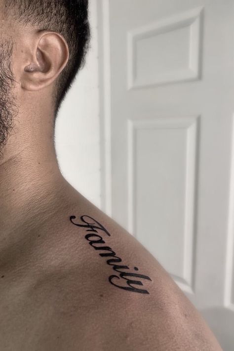 Family Back Tattoos For Men, English Tattoo For Men, Family Chest Tattoos For Men, Family First Tattoo For Men, Family Over Everything Tattoo Men, Family Tattoo Men, Word Family Tattoo, Family Word Tattoo, Word Tattoos Men