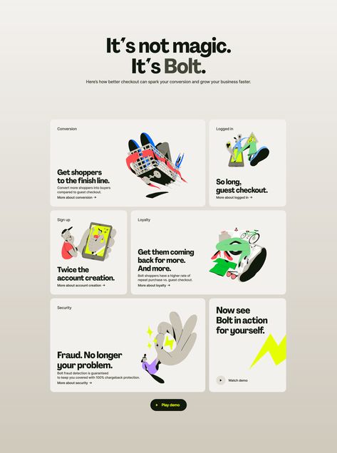 Feature Section Design from Bolt. Highlight your key benefits and differentiate yourself from the competition. Website Design With Illustration, Key Features Design, Website Product Design, Product Highlight Design, Benefits Section Website Design, Features Section Web Design, Product Card Ui, Product Website Design, Website Layout Design