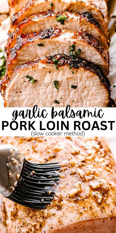 Prepare to be amazed by the fantastic flavors of our slow-cooked Garlic Balsamic Pork Loin. This simple crock pot pork recipe delivers an unbelievably tender, juicy, and flavorful pork roast that will leave you speechless! Pork Loin Roast Crock Pot, Balsamic Pork Loin, Pork Loin Recipes Slow Cooker, Easy Pork Loin Recipes, Pork Loin Crock Pot Recipes, Crockpot Pork Loin, Slow Cooker Pork Loin, Pot Roast Crock Pot Recipes, Garlic Balsamic