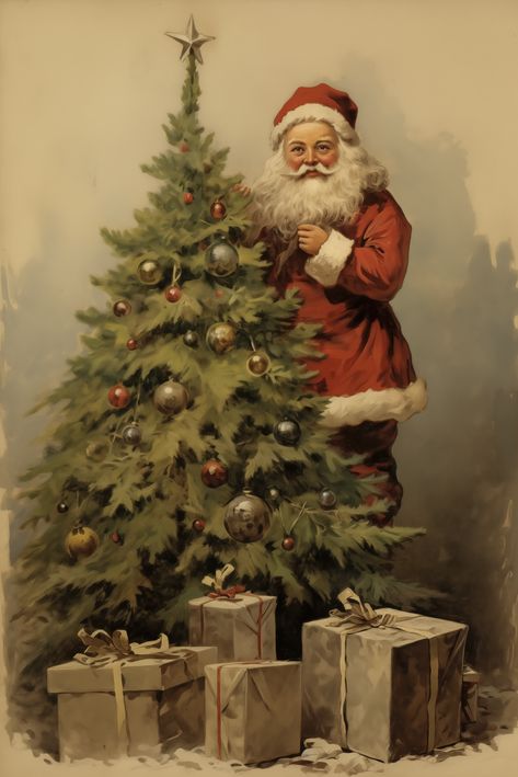 This enchanting digital artwork captures the quintessential spirit of the holiday season, featuring a beaming Santa Claus standing proudly beside a lavishly adorned Christmas tree. Santa, in his classic red and white attire, is portrayed with a twinkle in his eye and an air of jovial mischief, as he appears to be sharing a secret of the festive wonders to come. His rosy cheeks, paired with a snowy white beard, paint the picture of the beloved holiday figure that has delighted generations. Christmas Watercolor Painting, Santa Claus Crafts, Christmas Pictures Vintage, Santa Claus Pictures, White Attire, Christmas Decor Vintage, Xmas Art, Rustic Christmas Decor, Art Deco Artwork