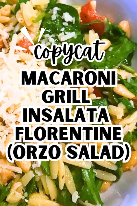 Copycat Macaroni Grill Insalata Florentine Recipe Orzo Chicken Salad - if you like Macaroni Grill orzo salad with chicken, you'll love this easy pasta salad recipe! Make this a chicken salad or a vegetarian salad without chicken. #pastasalad #chickensalad #saladrecipes #copycat Orzo Chicken Salad, Orzo Salad With Chicken, Spinach Florentine, Salad Recipe With Chicken, Wheat Berry Salad Recipes, Chicken Orzo Pasta, Florentine Recipe, Macaroni Grill, Grilled Chicken Pasta