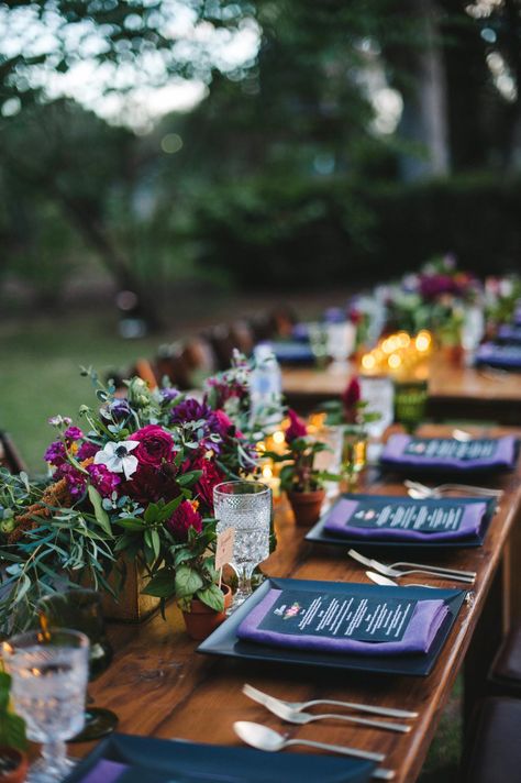 25 Jewel-Toned Wedding Centerpieces Sure to Wow Your Guests Dahlia Centerpiece Wedding, Peonies Wedding Centerpieces, Jewel Tone Wedding Flowers, Wedding Flower Arrangements Table, Lush Wedding, Lighted Centerpieces, Jewel Tone Wedding, Jewel Wedding, Floral Event Design